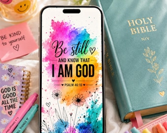 Papel de parede cristão para celular – Design em aquarela com arco-íris "Acalma-te" – Salmo 46:10 – Somente para download digital