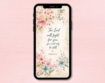Papel de parede cristão para celular – Êxodo 14:14 Versículo bíblico floral (Download digital)