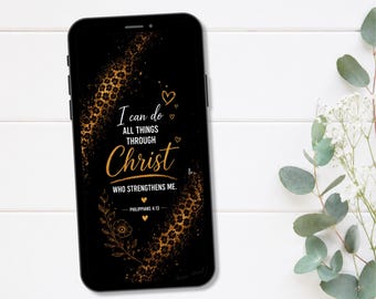 Papel de parede cristão para celular – Filipenses 4:13, estampa de leopardo em preto e dourado (Download digital)