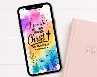 Papel de parede cristão para celular – Filipenses 4:13, design em aquarela com arco-íris – Somente para download digital