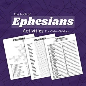 Puede incluir: Tres hojas de actividades para niños mayores, con el texto "Efesios". Las hojas incluyen un crucigrama, una búsqueda de palabras y un revoltijo de palabras, todos relacionados con el libro de Efesios. El fondo es un degradado púrpura.