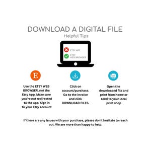 K&ouml;nnte beinhalten: Eine wei&szlig;e Grafik mit Anweisungen zum Herunterladen einer digitalen Datei von Etsy. Der Text enth&auml;lt Schritte zur Verwendung des Etsy-Webbrowsers, zum Klicken auf Konto/Kauf und zum &Ouml;ffnen der heruntergeladenen Datei. Das Bild enth&auml;lt auch den Text "LADEN SIE EINE DIGITALE DATEI HERUNTER".