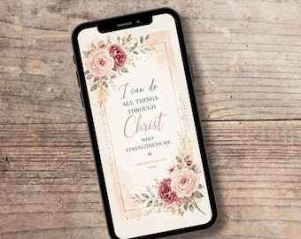 Papel de parede cristão para celular - Design floral rosa com versículo bíblico - Filipenses 4:13 - Somente para download digital