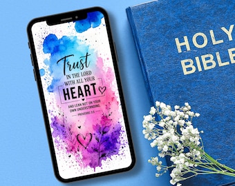 Papel de parede cristão para celular – Provérbios 3:5 Confie no Senhor – Design em aquarela – Somente para download digital