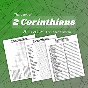 May include: Three white activity sheets for older children with the title "2 Corinthians" are displayed. The sheets include a crossword puzzle, a word search, and a word scramble. The background is a green geometric pattern.