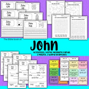 May include: A collection of educational materials for the Bible book of John. Includes verse memory cards, mazes, and word searches. The materials are white with black text and illustrations, and are designed for children.