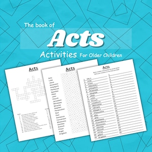 Può includere: Tre fogli di attività per bambini più grandi, con il testo "The book of Acts". I fogli includono un cruciverba, una ricerca di parole e un gioco di parole incomprensibili. Lo sfondo è blu acqua con un motivo a diamante.
