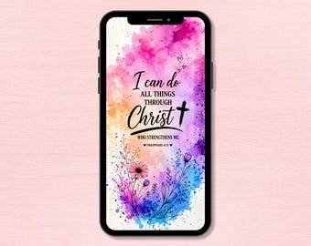 Papel de parede cristão para celular – Filipenses 4:13, design em aquarela rosa e roxa – Somente para download digital
