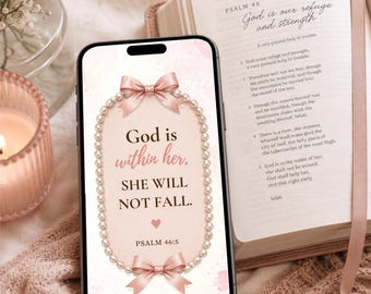 Papel de parede cristão para celular - Tela de bloqueio com versículo bíblico do Salmo 46:5 e laço rosa coquete.