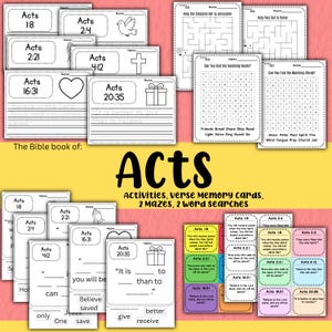 May include: A collection of Bible study materials for the book of Acts, including verse memory cards, mazes, and word searches. The materials feature text from Acts 1:8, 2:4, 2:21, 4:12, 16:31, and 20:35. The title "Acts" is prominently displayed.