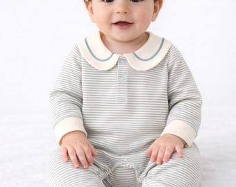 Pelele de bebé a rayas con pies y cuello Peter Pan / Body de algodón suave (para baby shower)