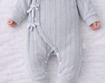 Pelele envolvente de algodón acanalado gris / Mono suave para recién nacido, conjunto unisex para bebé