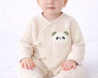 Mono de bolsillo de panda / Mono de algodón acanalado para recién nacido, conjunto unisex para bebé