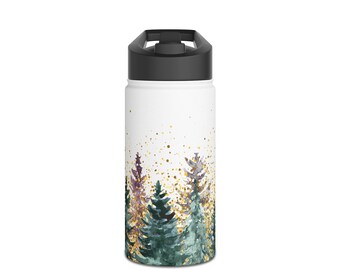 May include: White insulated water bottle with a black lid. The bottle features a watercolour design of evergreen trees in shades of green, purple, and gold. The trees are set against a white background with gold speckles.