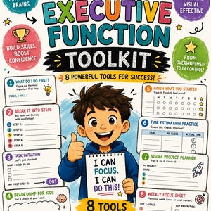 May include: An ADHD Executive Function Toolkit educational poster featuring a central illustration of a child holding a sign that says I CAN FOCUS. I CAN DO THIS. The poster includes eight numbered sections with prompts for task management, planning, and goal setting.