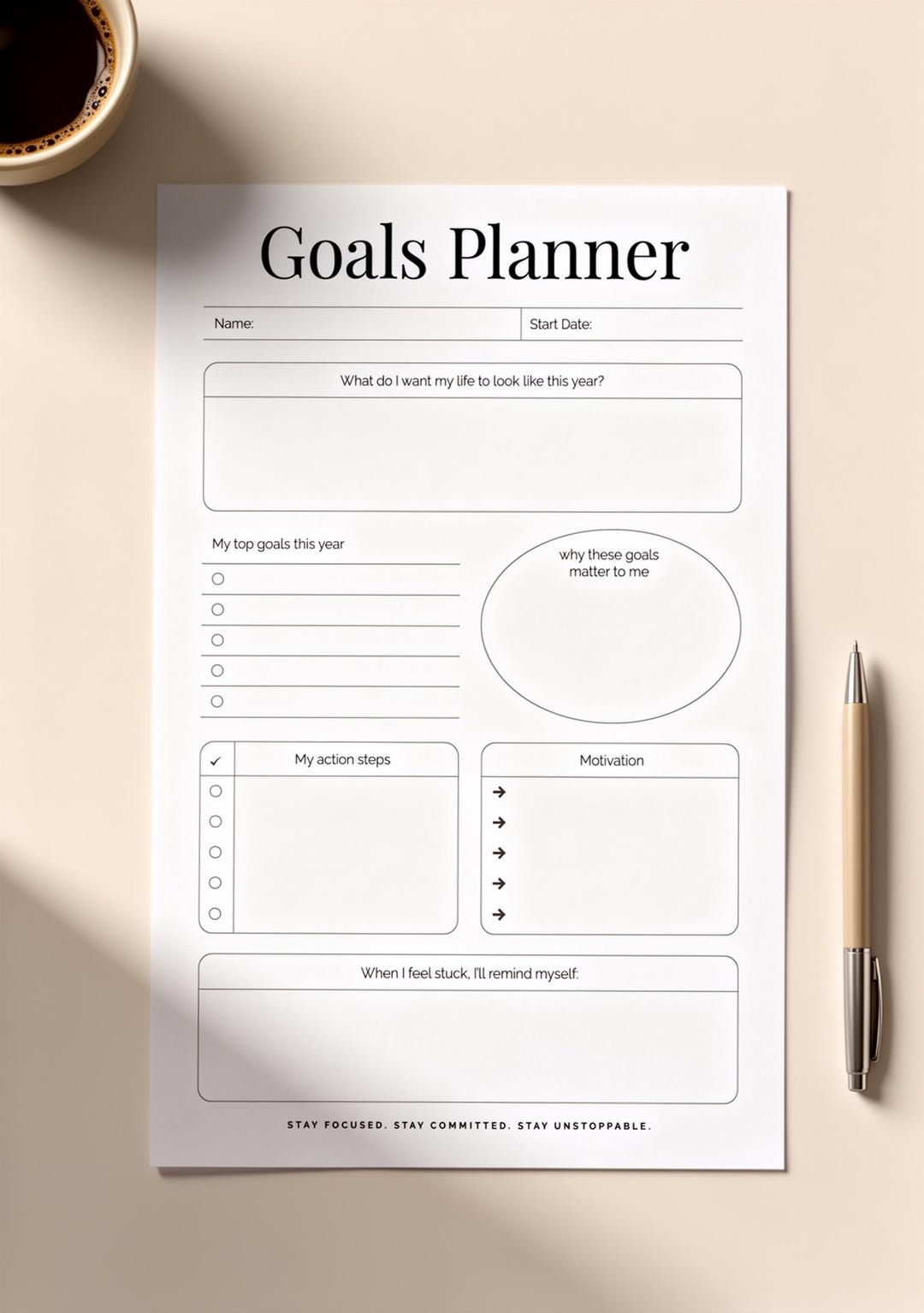 2026 Goals Planner Printable | One Page Goal Tracker, Printable Yearly ...