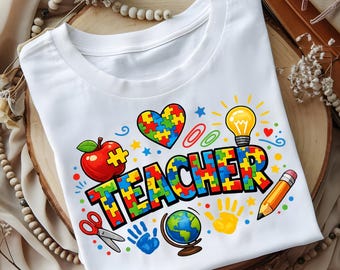 teacher PNG | Puzzle Piece Teacher Design | Rainbow Education Shirt Sublimation | Teacher Life Clipart | Special Education PNG