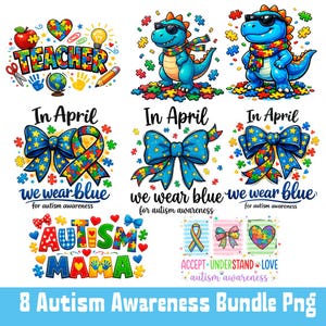 8-pack med autismmedvetenhet PNG | I april bär vi blått | Autismmamma | Lärare PNG | Pusselbandsrosett | Acceptera, förstå, kärlek