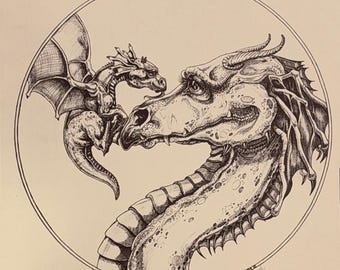 Dragon Wall Art Mother Baby Fantasy Nursery Print Signed Limited Edition Pen Ink Illustration Gift Mythical Creature Drawing Collector
