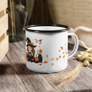 Autumn Enamel Camp Cup, Witch Pumpkins Design, Halloween Mug, Cozy Camping Cup, Seasonal Enamel Mug, Fall Functionality