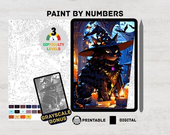 Witch Cat & Candles – Magical Fantasy Paint by Numbers Digital Kit for Adults | Halloween Animals Procreate iPad Printable