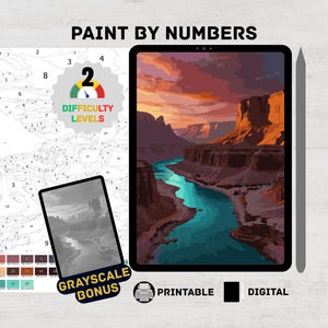 May include: A digital paint-by-numbers kit featuring a scenic canyon landscape with a turquoise river. The image includes a grayscale bonus and indicates two difficulty levels. The words "PAINT BY NUMBERS", "PRINTABLE", and "DIGITAL" are also visible.