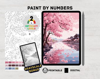 Cherry Blossom River – Japanse digitale lente verf op nummer digitale kit voor volwassenen | Kleurplaat Sakura Landschap Procreate en afdrukbaar op iPad
