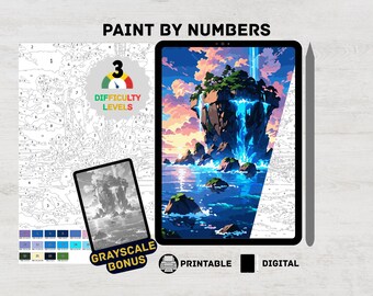 Floating Island – Fantasy Landscape Paint by Numbers Digital Kit for Adults | Magical Sky World Coloring Page Procreate & iPad Printable