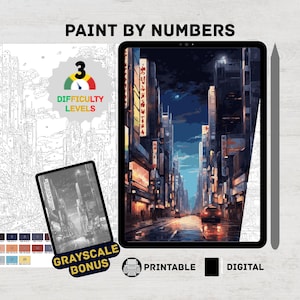 Tokyo Neon City Streets – Paint by Numbers Digital Kit | Cityscape Coloring Pages Urban Japan Procreate & iPad Printable Art for Adults