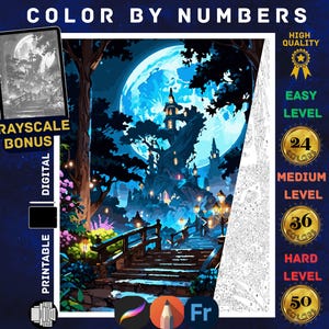 Può includere: Arte digitale da colorare con i numeri, stampabile, con un paesaggio fantasy con una grande luna, un ponte e un castello. Include un bonus in scala di grigi. Opzioni facili, medie e difficili con 24, 36 e 50 colori.