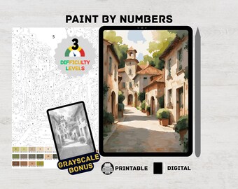 European Village Street – Mediterranean Town Paint by Numbers Digital Kit for Adults | Rustic Europe Landscape Procreate & iPad Printable