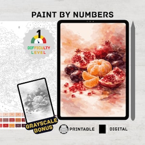 Peut inclure: Un kit numérique de peinture par numéros représentant une nature morte de grenades, de prunes et de mandarines. L'image est affichée sur une tablette, avec un bonus en niveaux de gris et un niveau de difficulté 1. Le texte "Paint by Numbers" est en haut.