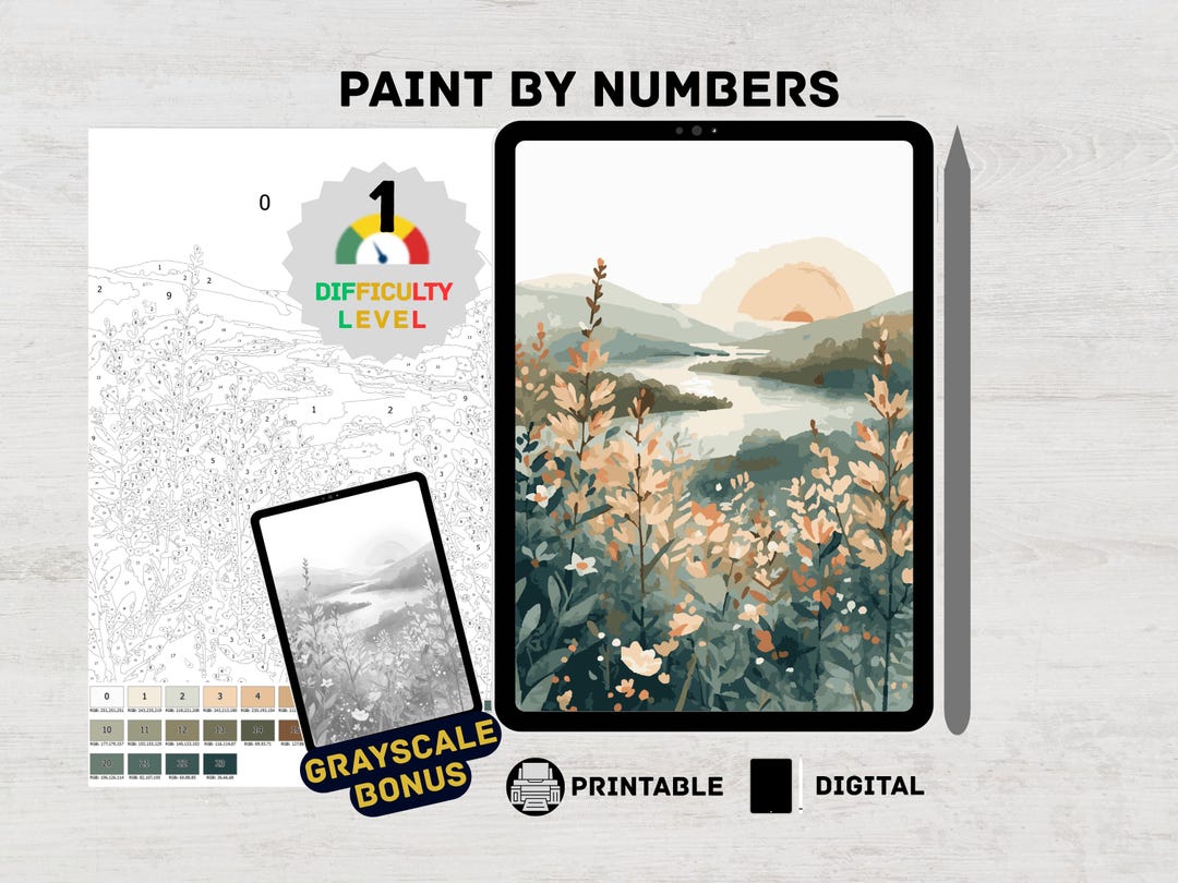 Wildflower Meadow Sunset – Nature Paint by Numbers Digital Kit for ...