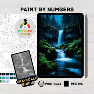 Forest Waterfall – Nature Landscape Paint by Numbers Digital Kit for Adults | Woodland Coloring Page Procreate & iPad Printable