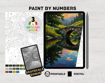 May include: Paint by Numbers kit with a scenic landscape of a stone bridge over a river, displayed on a tablet. Includes a grayscale bonus and three difficulty levels. The words "Paint by Numbers", "Printable", and "Digital" are also visible.