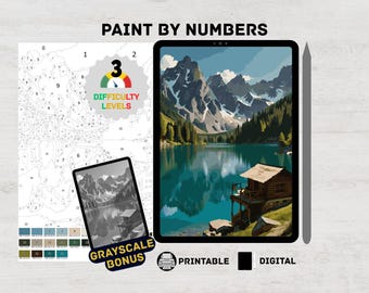 May include: A digital paint-by-numbers kit featuring a mountain lake scene. The image includes a color-coded guide, a grayscale bonus, and a difficulty level indicator. The words "PAINT BY NUMBERS", "PRINTABLE", and "DIGITAL" are also visible.