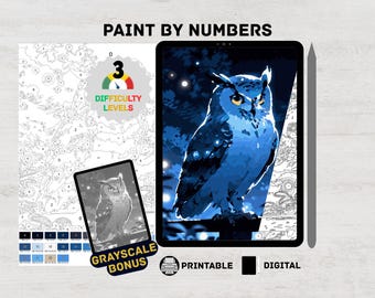Bluish Owl – Fantasy Animals Paint by Numbers Digital Kit for Adults | Night Wildlife Coloring Page Procreate & iPad Printable