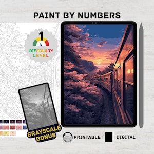Train Sunset – Cherry Blossom Paint by Numbers Digital Kit for Adults | Nature Landscape Coloring Page Procreate & iPad Printable