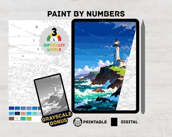 Coastal Lighthouse – Ocean Paint by Numbers Digital Kit | Seaside Landscape Coloring Pages for Adults Procreate & iPad Printable Art