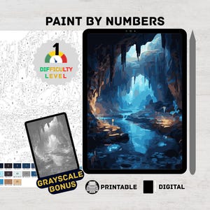May include: A digital paint-by-numbers kit featuring a cave scene with a river, displayed on a tablet. The kit includes a grayscale bonus and is labeled as difficulty level 1. The words "Paint by Numbers" are at the top.