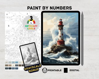 Stormy Lighthouse – Ocean Waves Paint by Numbers Digital Kit for Adults | Dramatic Sea Landscape Coloring Page Procreate & iPad Printable