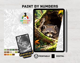 Forest Raccoon – Woodland Animals Paint by Numbers Digital Kit for Adults | Cute Forest Creature Coloring Page Procreate & iPad Printable