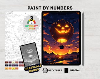 Jack-O'-Lantern Halloween Paint By Numbers Digital Kit for Adults | Hot Air Balloon Spooky Coloring Pages Fantasy Procreate & iPad Printable
