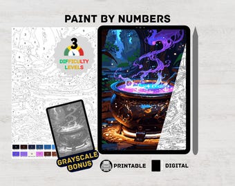 Cauldron Halloween Paint By Numbers Digital Kit for Adults Magical Witch Pot Coloring Pages Procreate & iPad Spooky Fantasy Printable