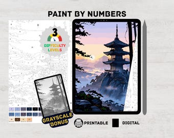 山の塔 – 日本の寺院の塗り絵 デジタルキット | iPadとProcreateで印刷可能な大人向け日本の風景塗り絵