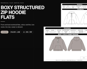 Hoodie Flat Sketch Template. Oversized Zip Hoodie Technical Flat Front and Back. Editable Fashion CAD for Tech Packs | AI SVG Pdf