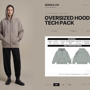 May include: A digital tech pack for an oversized hoodie, featuring a beige zip-up hoodie with a hood and drawstrings, black sweatpants, and black boots. The document includes technical sketches of the hoodie, a specification table, and the text BÜNDLE.CO.