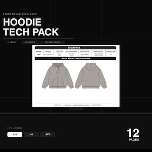 May include: A digital tech pack template for a boxy structured hoodie, featuring front and back technical sketches in grey. The document includes a specification table with fields for brand, season, category, designer, description, fabrication, and sample size.
