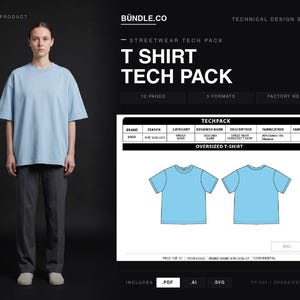 May include: A digital tech pack template for an oversized t-shirt, featuring a light blue t-shirt on a model, a technical specification table, and front and back flat sketches of the garment. The layout includes text labels like BUNDLE.CO.