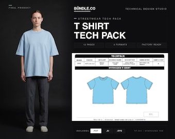 Oversized T-Shirt Tech Pack. Fashion Template. 12 Page Editable Digital Techpack for Clothing Brands. Garment Spec Sheet. AI SVG PDF